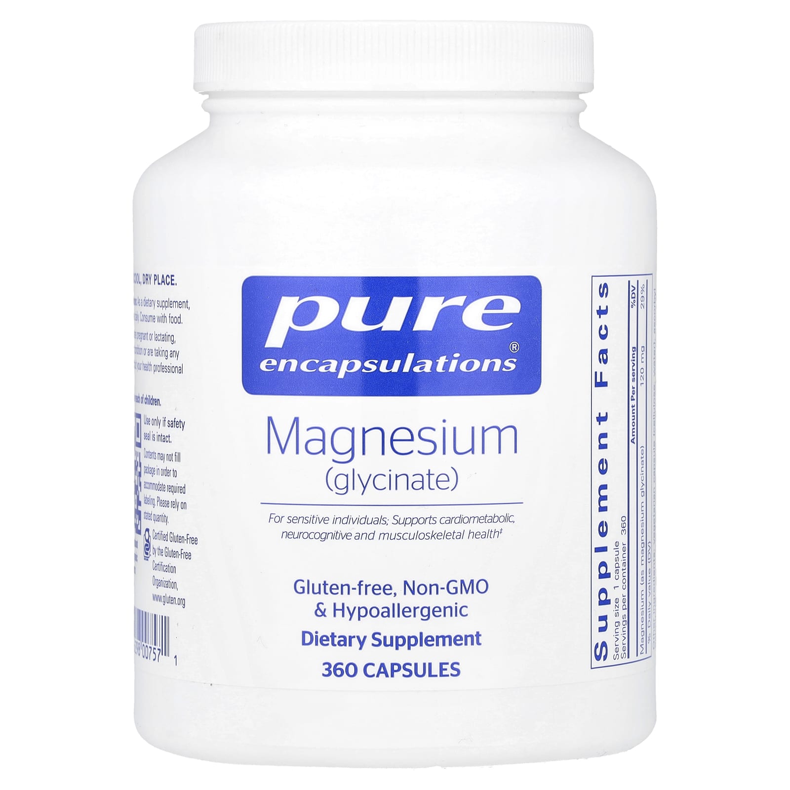 Pure Encapsulations, Magnesium (Glycinate) 120 mg, 360 Capsules UPC 766298007571 | HiLife Vitamins